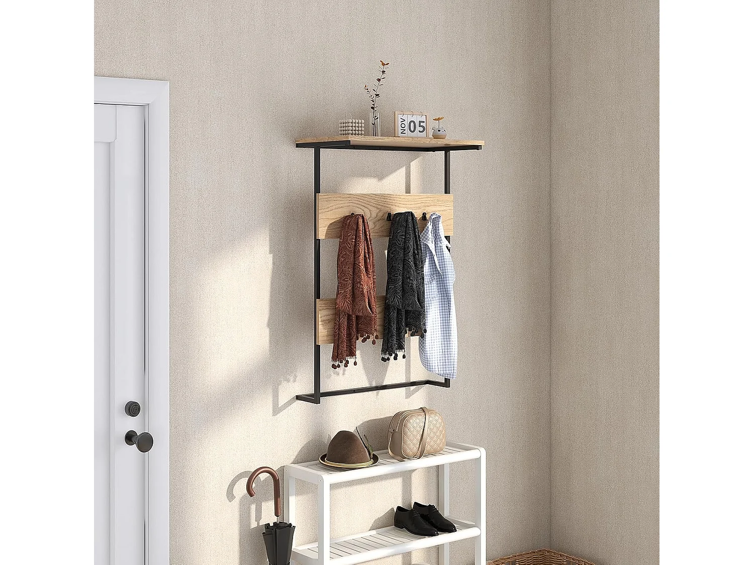 Wandkapstok met plank, wandrek met 6 haken, industriële kapstok met metalen frame, kledingstang, garderobepaneel voor ingang, woonkamer, slaapkamer, natuurVL32409