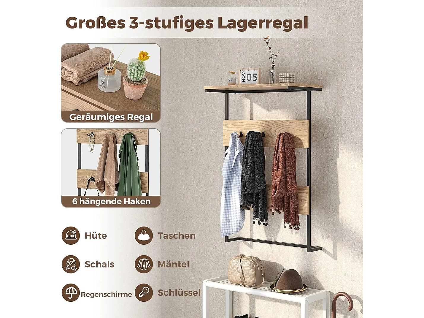 Wandkapstok met plank, wandrek met 6 haken, industriële kapstok met metalen frame, kledingstang, garderobepaneel voor ingang, woonkamer, slaapkamer, natuurVL32409