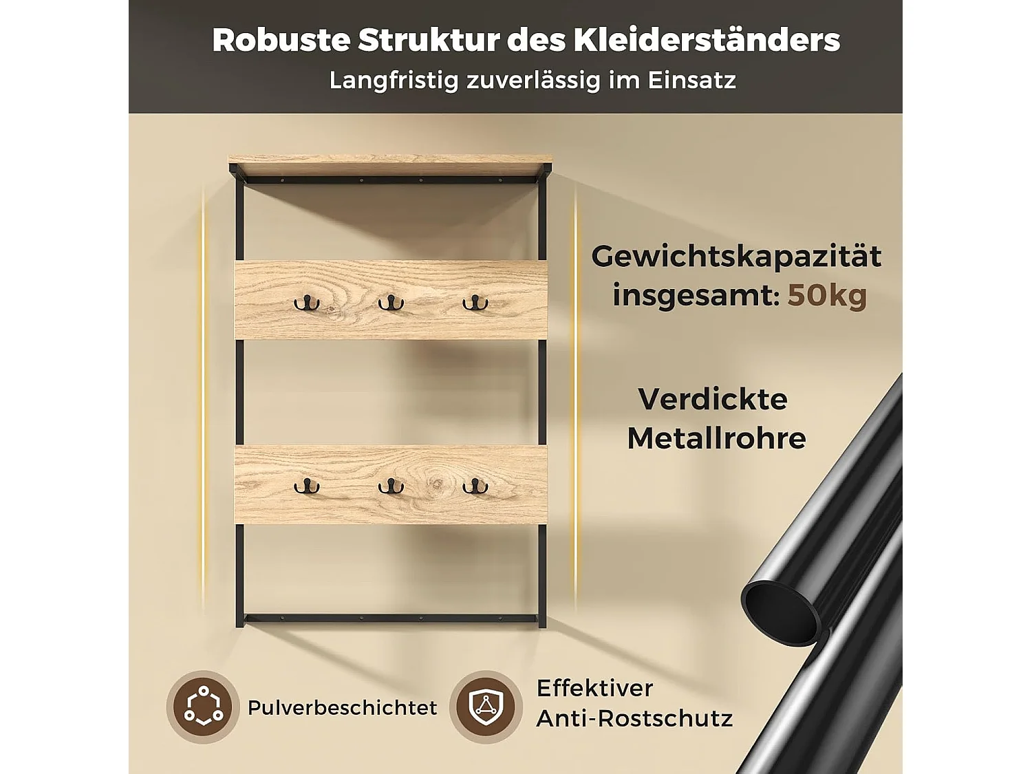 Wandkapstok met plank, wandrek met 6 haken, industriële kapstok met metalen frame, kledingstang, garderobepaneel voor ingang, woonkamer, slaapkamer, natuurVL32409