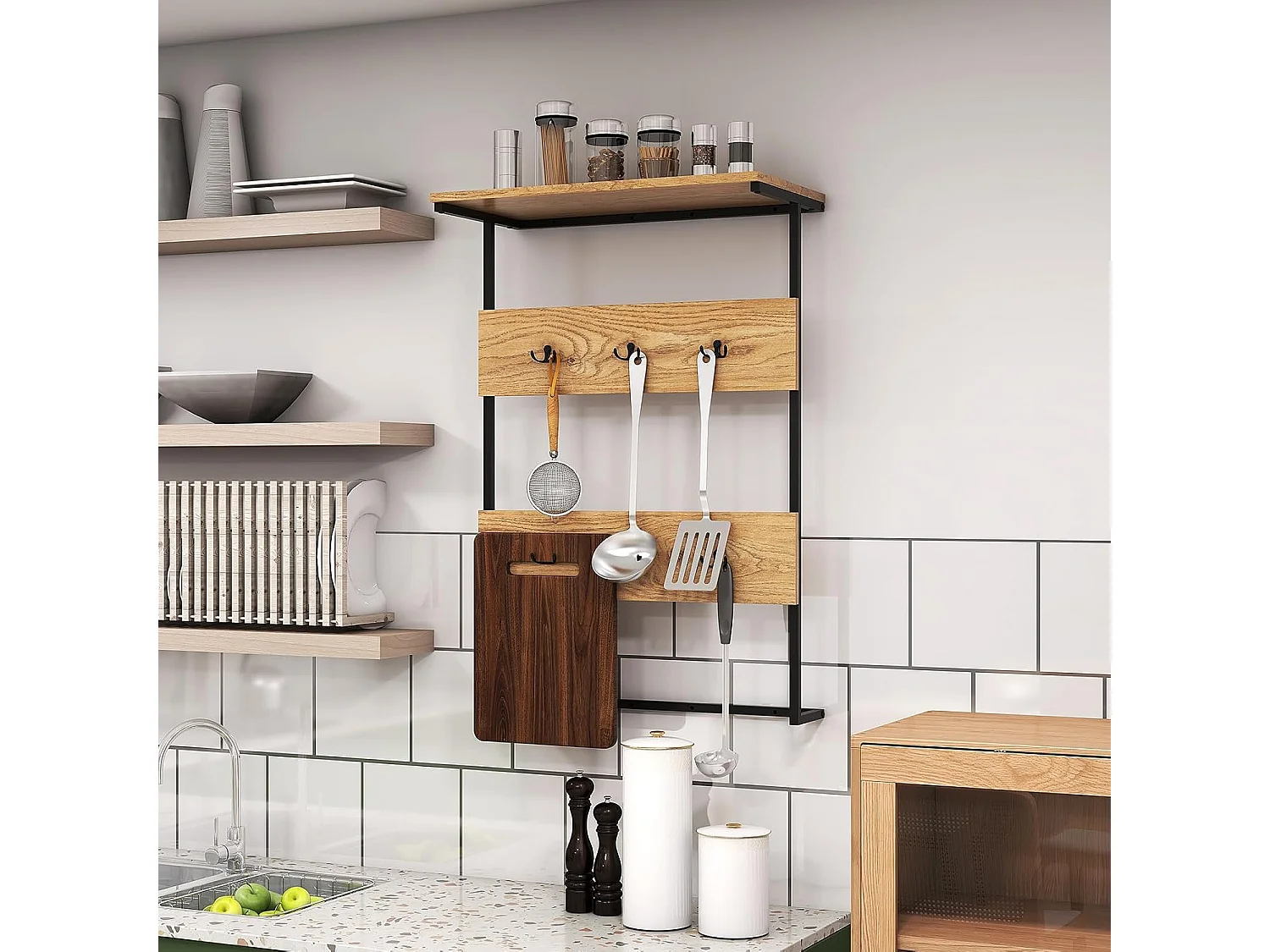 Wandkapstok met plank, wandrek met 6 haken, industriële kapstok met metalen frame, kledingstang, garderobepaneel voor ingang, woonkamer, slaapkamer, natuurVL32409