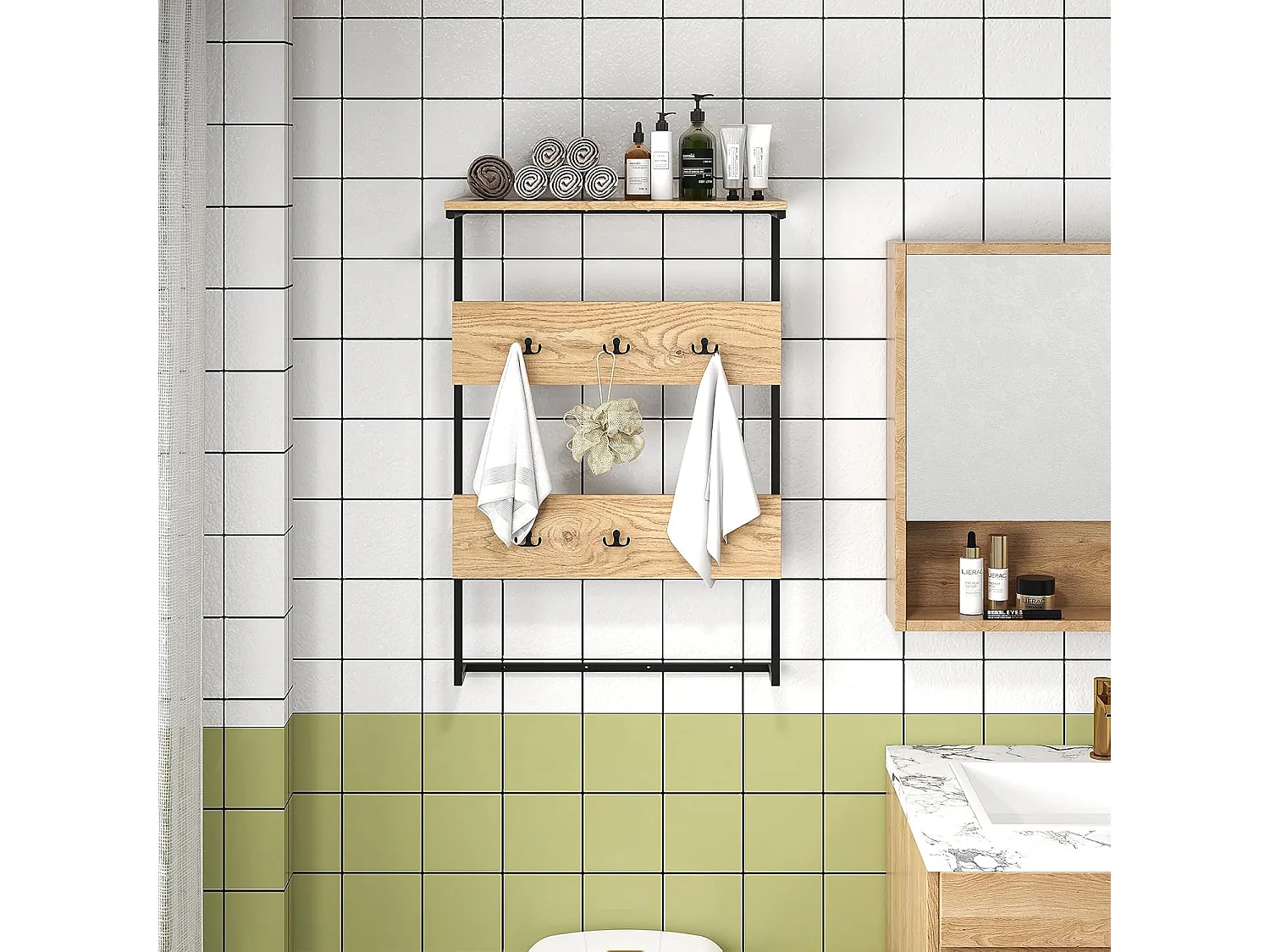 Wandkapstok met plank, wandrek met 6 haken, industriële kapstok met metalen frame, kledingstang, garderobepaneel voor ingang, woonkamer, slaapkamer, natuurVL32409