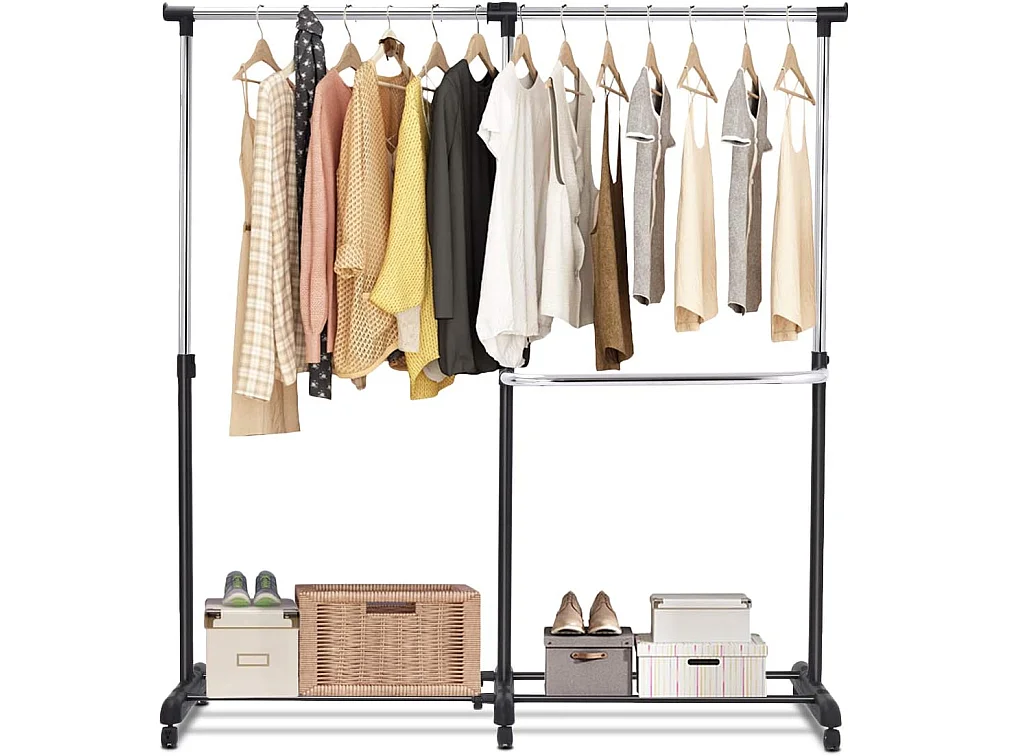 Kledingrek, uittrekbaar, in hoogte verstelbare garderobewagen, kledingstang met 2 enkele stangen,mobiele kledingkast op wielen,(91-160) x 43 x (93-168) cm