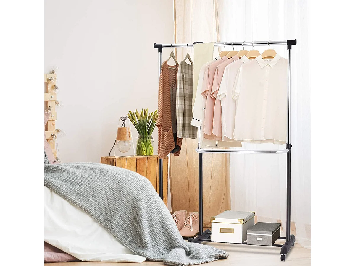 Kledingrek, uittrekbaar, in hoogte verstelbare garderobewagen, kledingstang met 2 enkele stangen,mobiele kledingkast op wielen,(91-160) x 43 x (93-168) cm