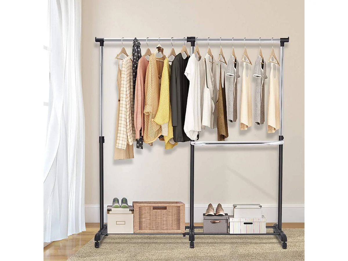 Kledingrek, uittrekbaar, in hoogte verstelbare garderobewagen, kledingstang met 2 enkele stangen,mobiele kledingkast op wielen,(91-160) x 43 x (93-168) cm