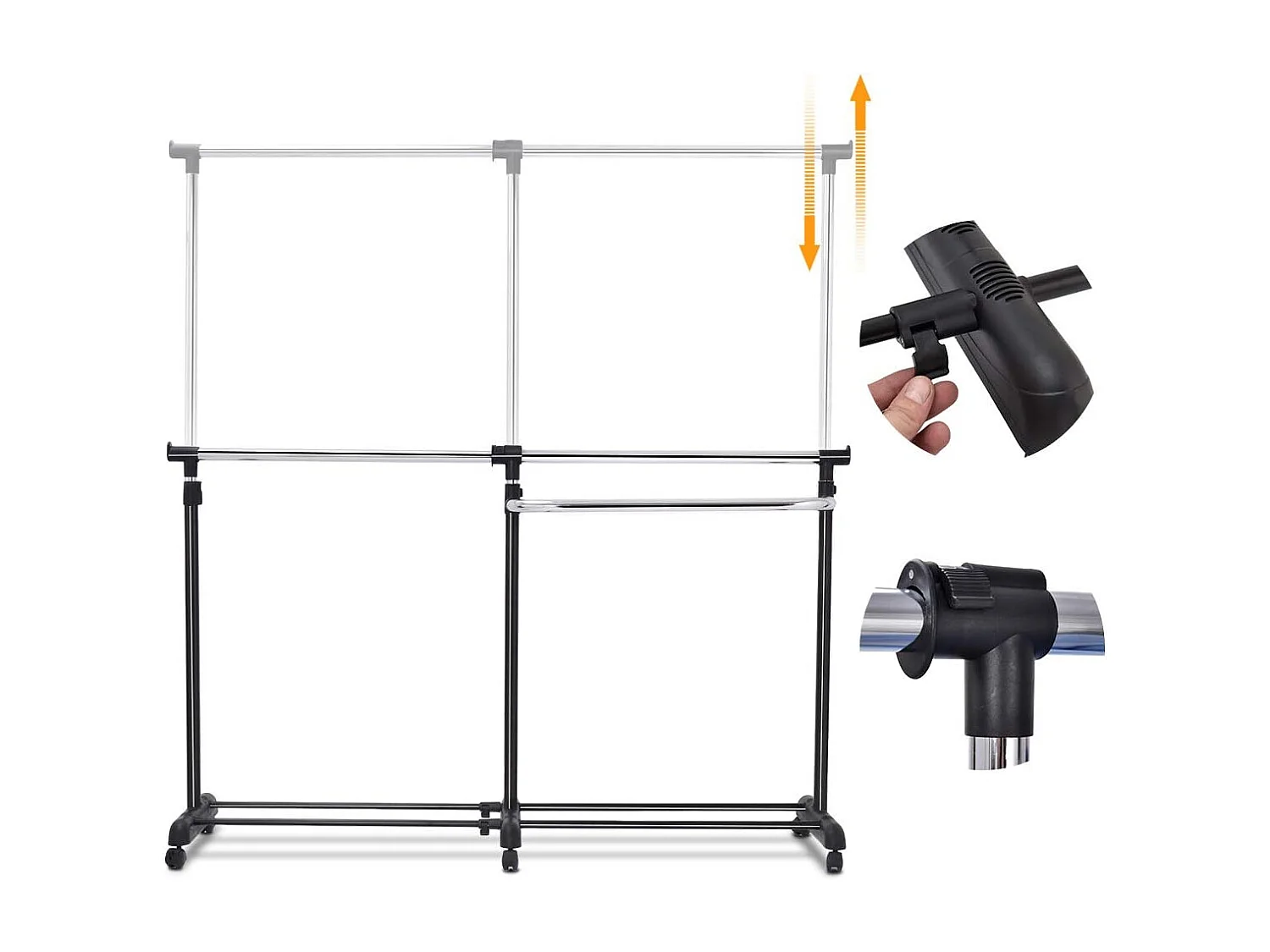 Kledingrek, uittrekbaar, in hoogte verstelbare garderobewagen, kledingstang met 2 enkele stangen,mobiele kledingkast op wielen,(91-160) x 43 x (93-168) cm