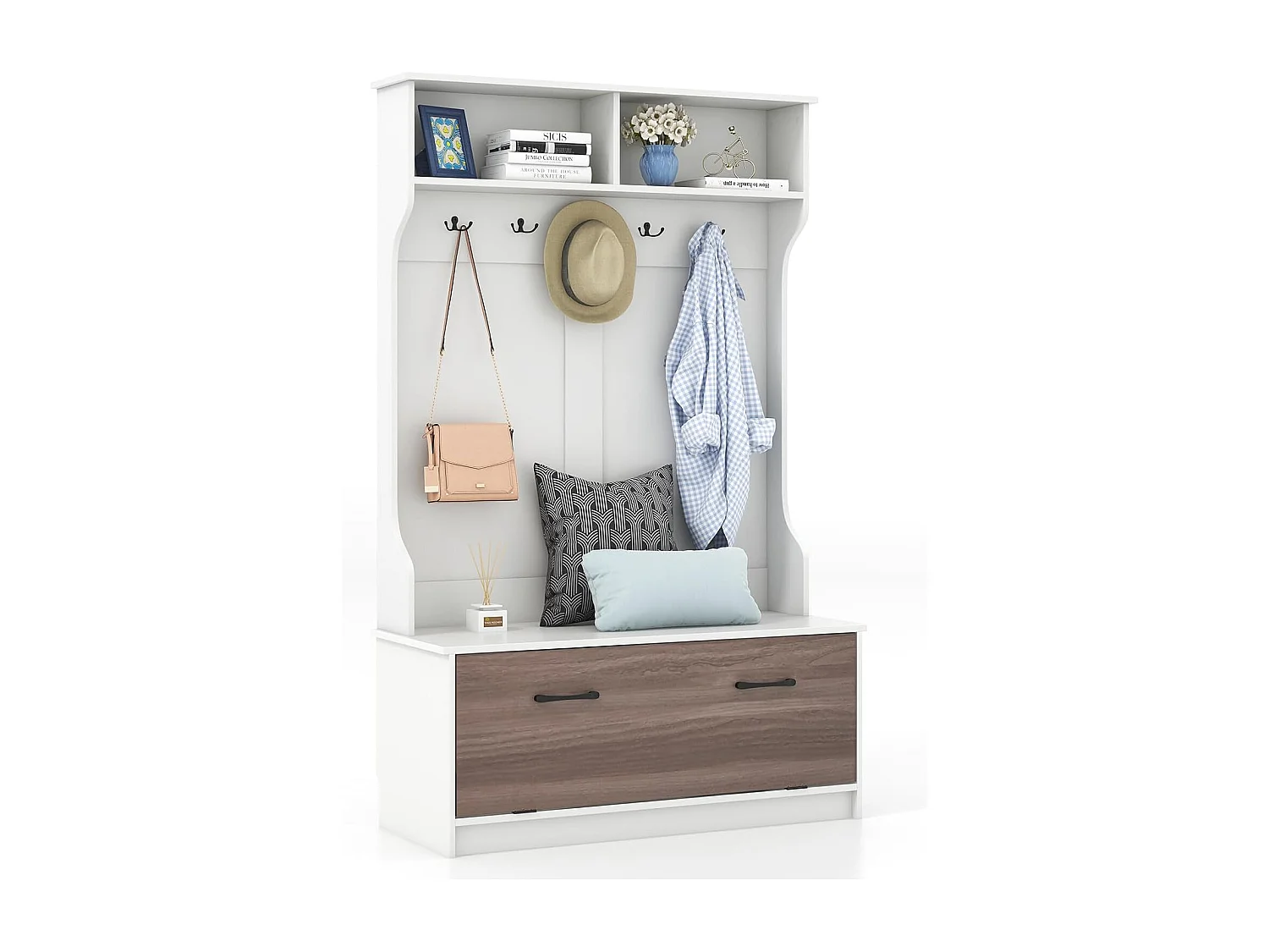 Kapstok met zitbank en 5 dubbele haken, garderobe met open vakken en schoenenkast, halgarderobe voor entree, slaapkamer, 100 x 40 x 160 cm (wit)TG32660