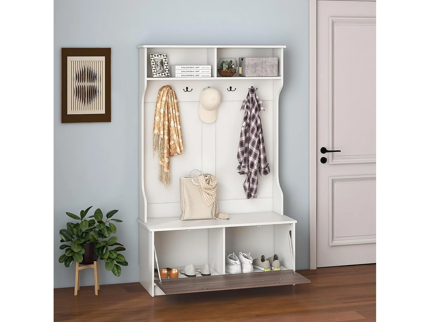 Kapstok met zitbank en 5 dubbele haken, garderobe met open vakken en schoenenkast, halgarderobe voor entree, slaapkamer, 100 x 40 x 160 cm (wit)TG32660