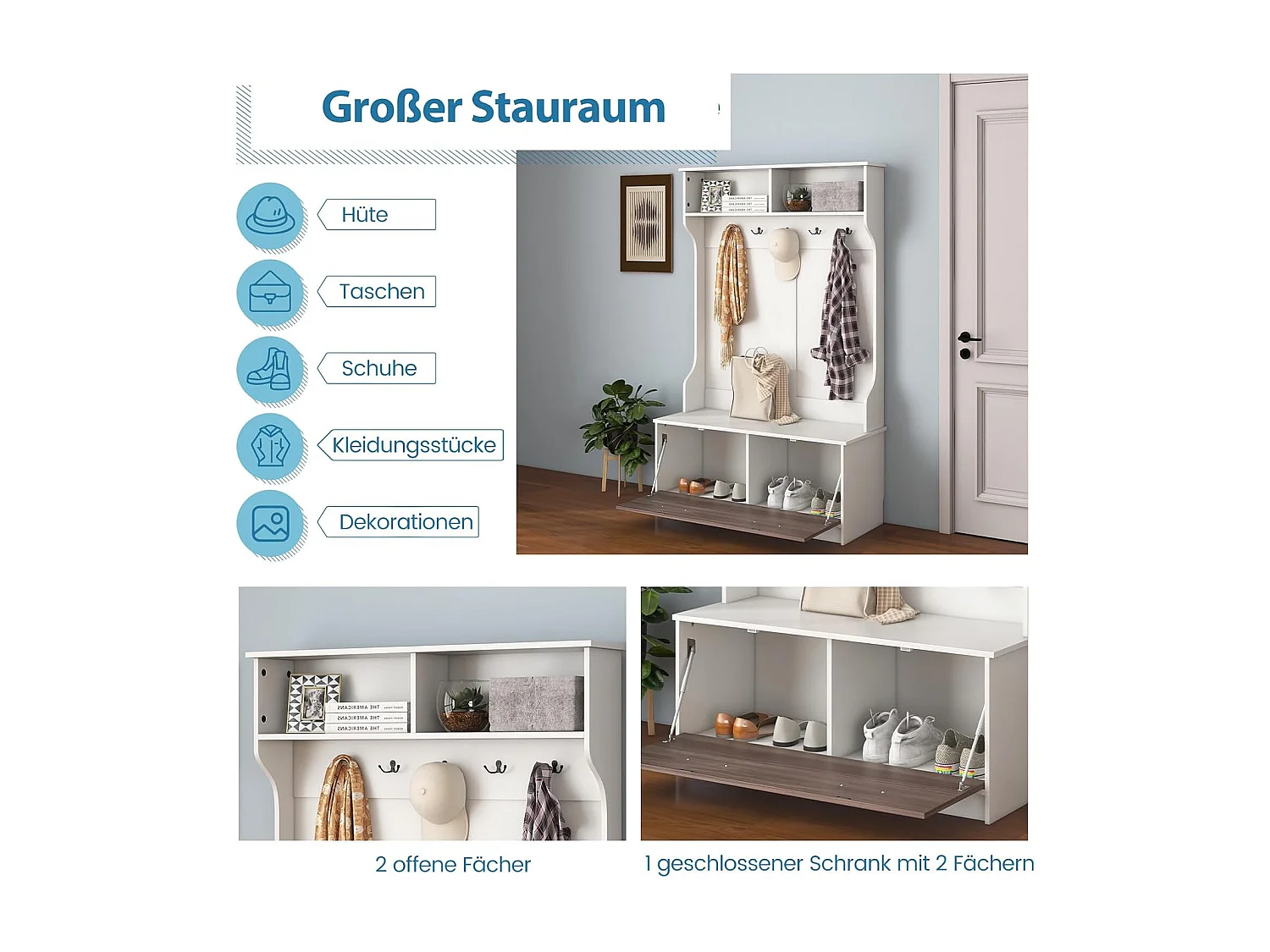 Kapstok met zitbank en 5 dubbele haken, garderobe met open vakken en schoenenkast, halgarderobe voor entree, slaapkamer, 100 x 40 x 160 cm (wit)TG32660