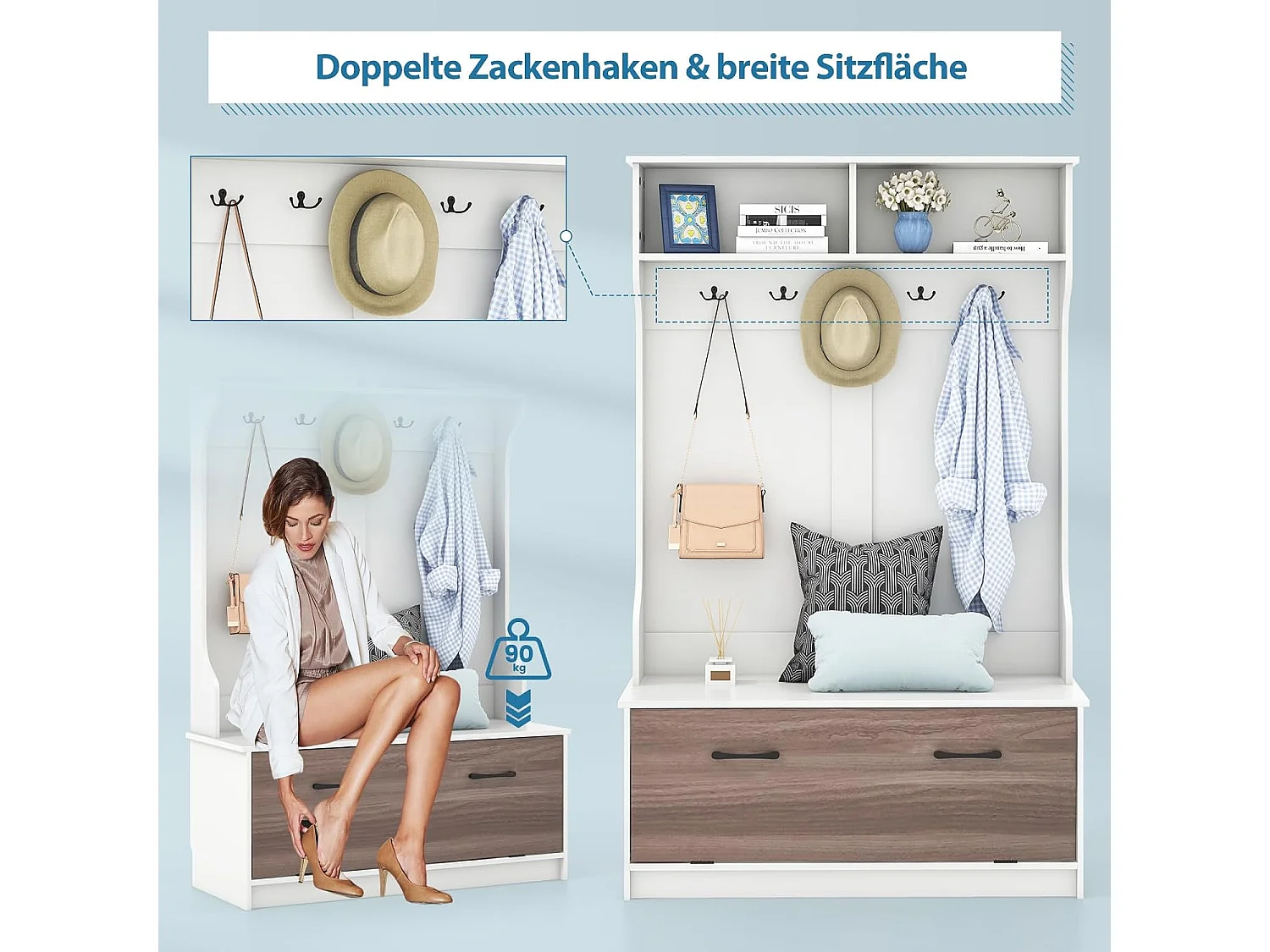Kapstok met zitbank en 5 dubbele haken, garderobe met open vakken en schoenenkast, halgarderobe voor entree, slaapkamer, 100 x 40 x 160 cm (wit)TG32660
