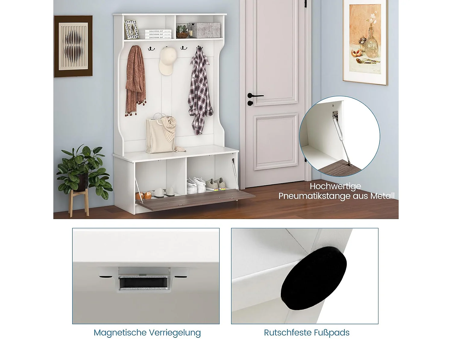 Kapstok met zitbank en 5 dubbele haken, garderobe met open vakken en schoenenkast, halgarderobe voor entree, slaapkamer, 100 x 40 x 160 cm (wit)TG32660