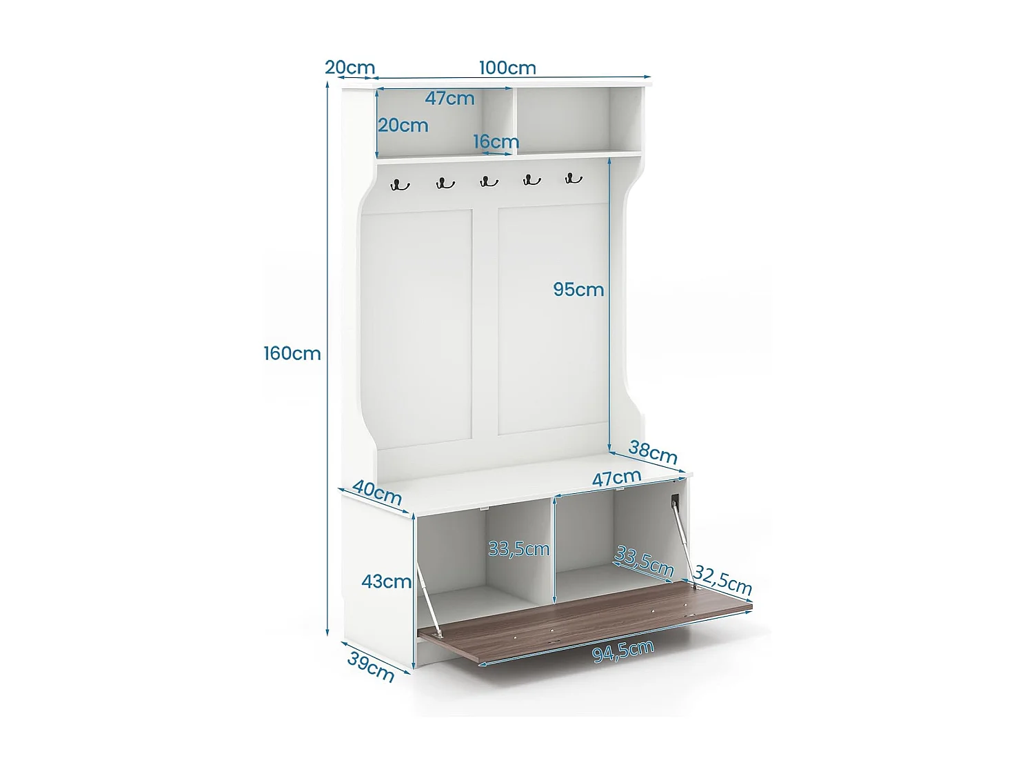 Kapstok met zitbank en 5 dubbele haken, garderobe met open vakken en schoenenkast, halgarderobe voor entree, slaapkamer, 100 x 40 x 160 cm (wit)TG32660