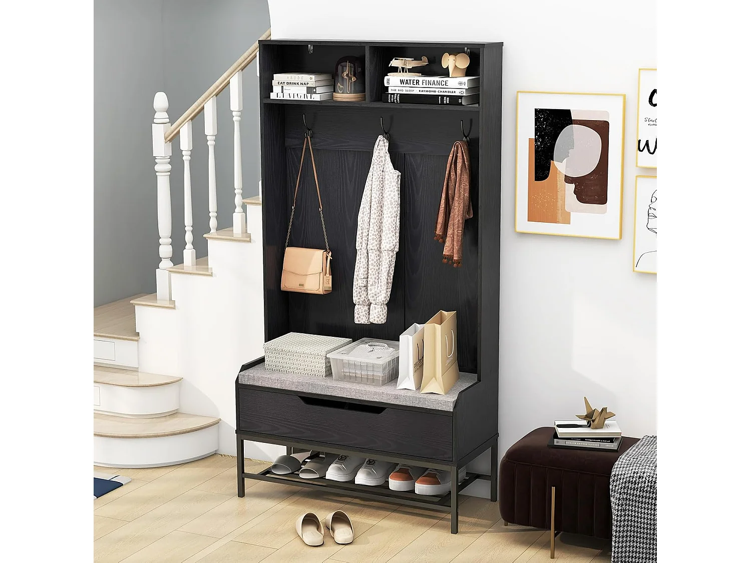 Kapstok met zitbank, 4-in-1 garderobe met open vakken, schoenenkast en 3 haken, kledingstandaard met zitkussen, halgarderobe voor ingang90 x 38,5 x 170 cmVH33683