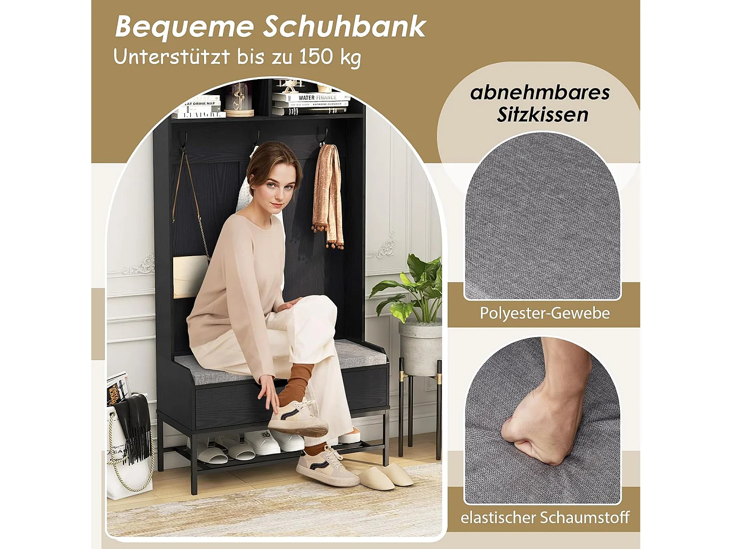 Kapstok met zitbank, 4-in-1 garderobe met open vakken, schoenenkast en 3 haken, kledingstandaard met zitkussen, halgarderobe voor ingang90 x 38,5 x 170 cmVH33683