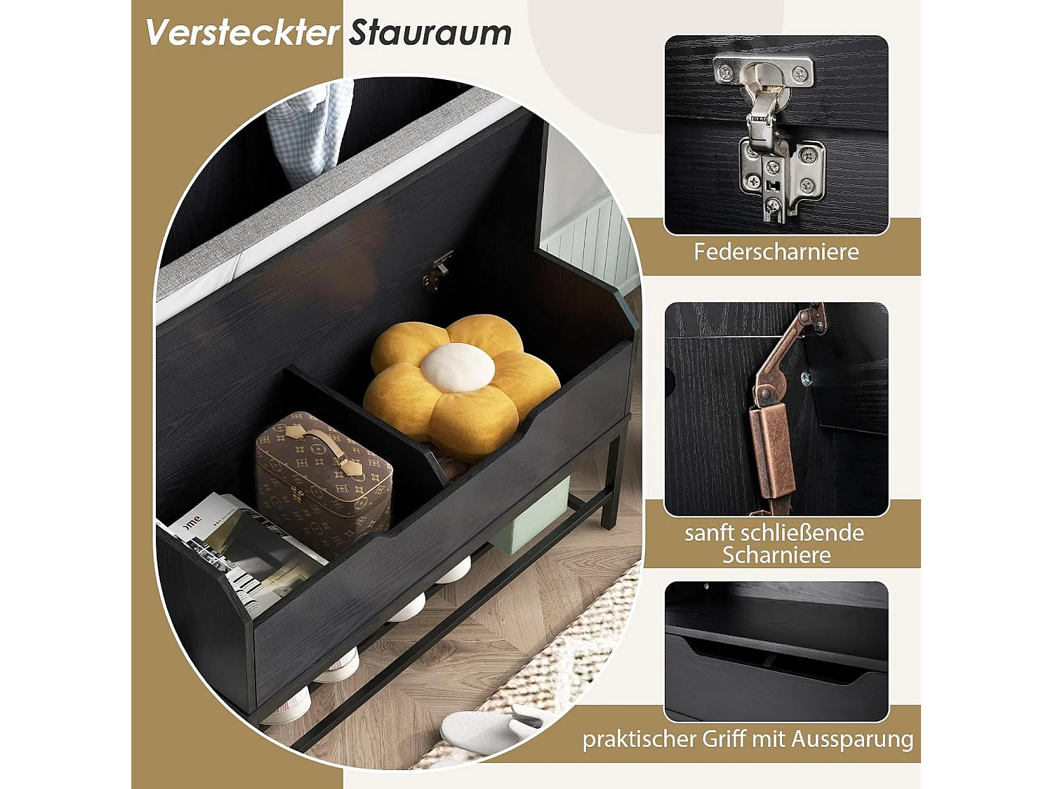 Kapstok met zitbank, 4-in-1 garderobe met open vakken, schoenenkast en 3 haken, kledingstandaard met zitkussen, halgarderobe voor ingang90 x 38,5 x 170 cmVH33683