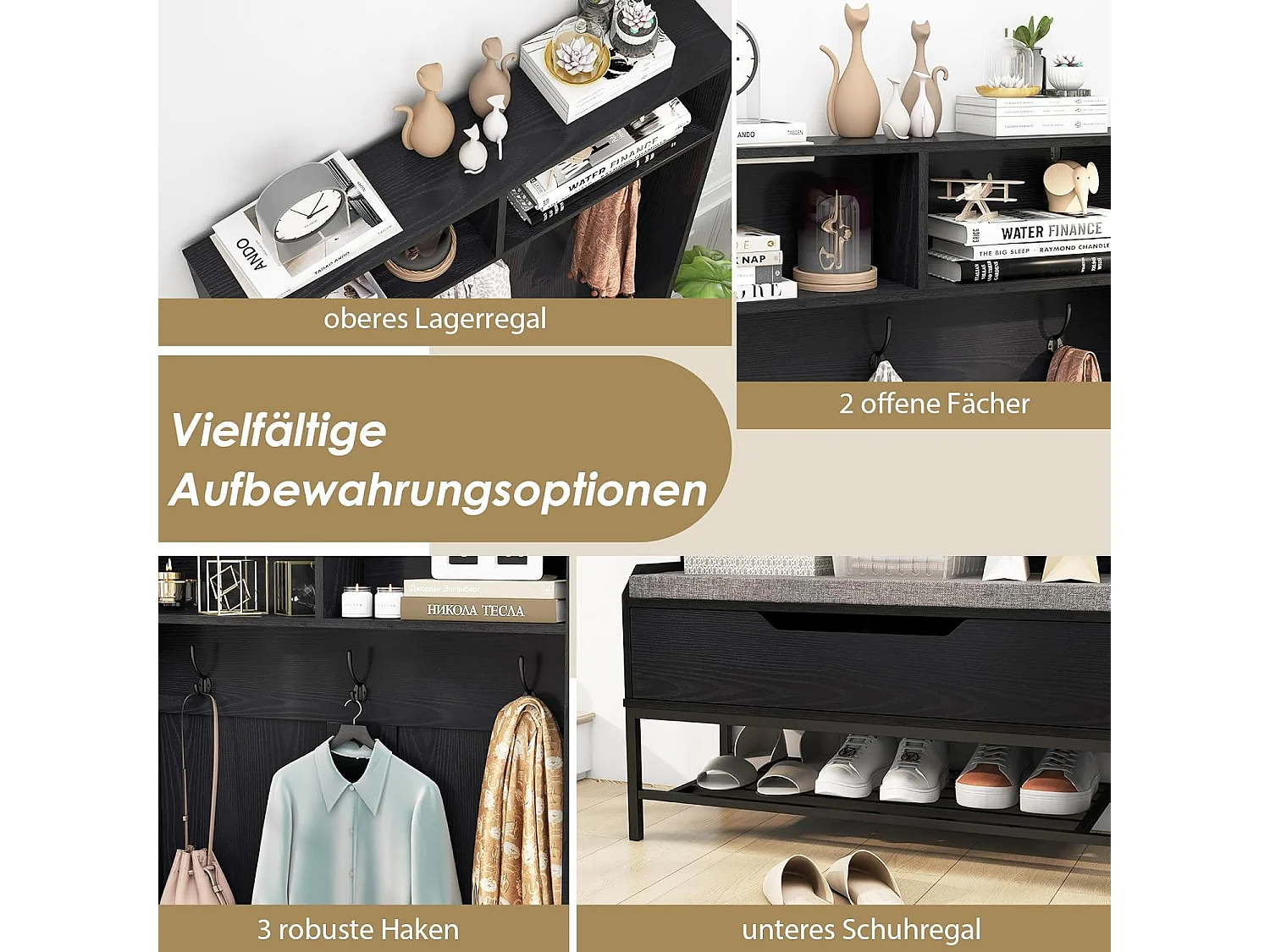 Kapstok met zitbank, 4-in-1 garderobe met open vakken, schoenenkast en 3 haken, kledingstandaard met zitkussen, halgarderobe voor ingang90 x 38,5 x 170 cmVH33683