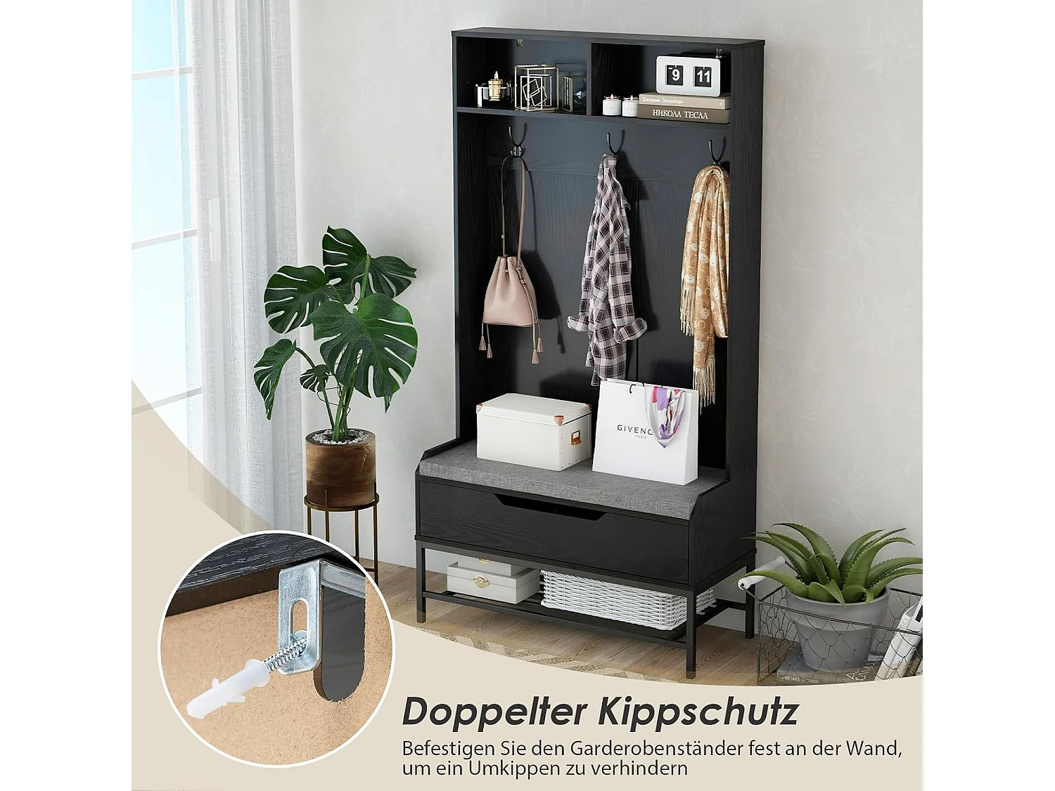 Kapstok met zitbank, 4-in-1 garderobe met open vakken, schoenenkast en 3 haken, kledingstandaard met zitkussen, halgarderobe voor ingang90 x 38,5 x 170 cmVH33683