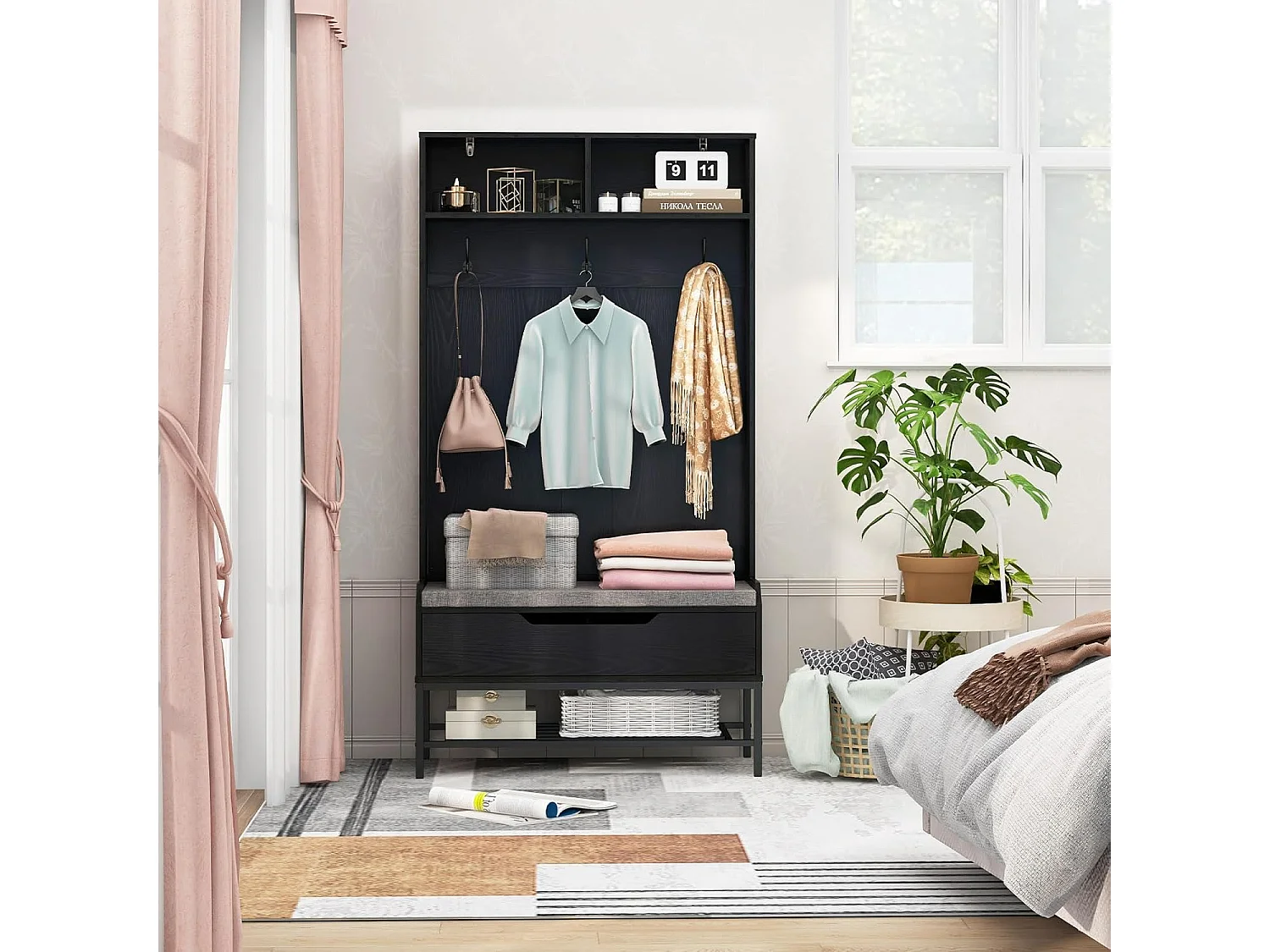 Kapstok met zitbank, 4-in-1 garderobe met open vakken, schoenenkast en 3 haken, kledingstandaard met zitkussen, halgarderobe voor ingang90 x 38,5 x 170 cmVH33683