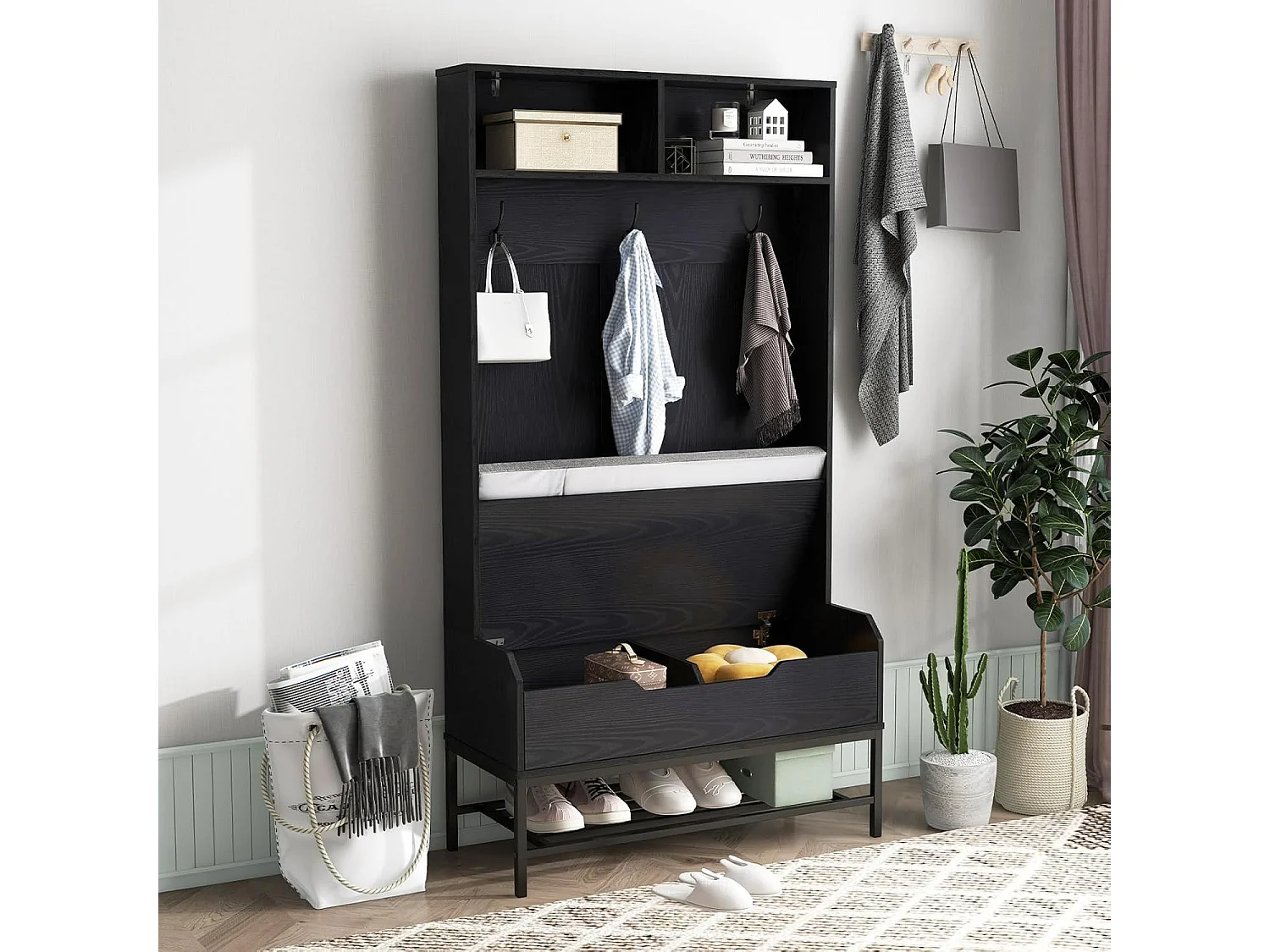 Kapstok met zitbank, 4-in-1 garderobe met open vakken, schoenenkast en 3 haken, kledingstandaard met zitkussen, halgarderobe voor ingang90 x 38,5 x 170 cmVH33683