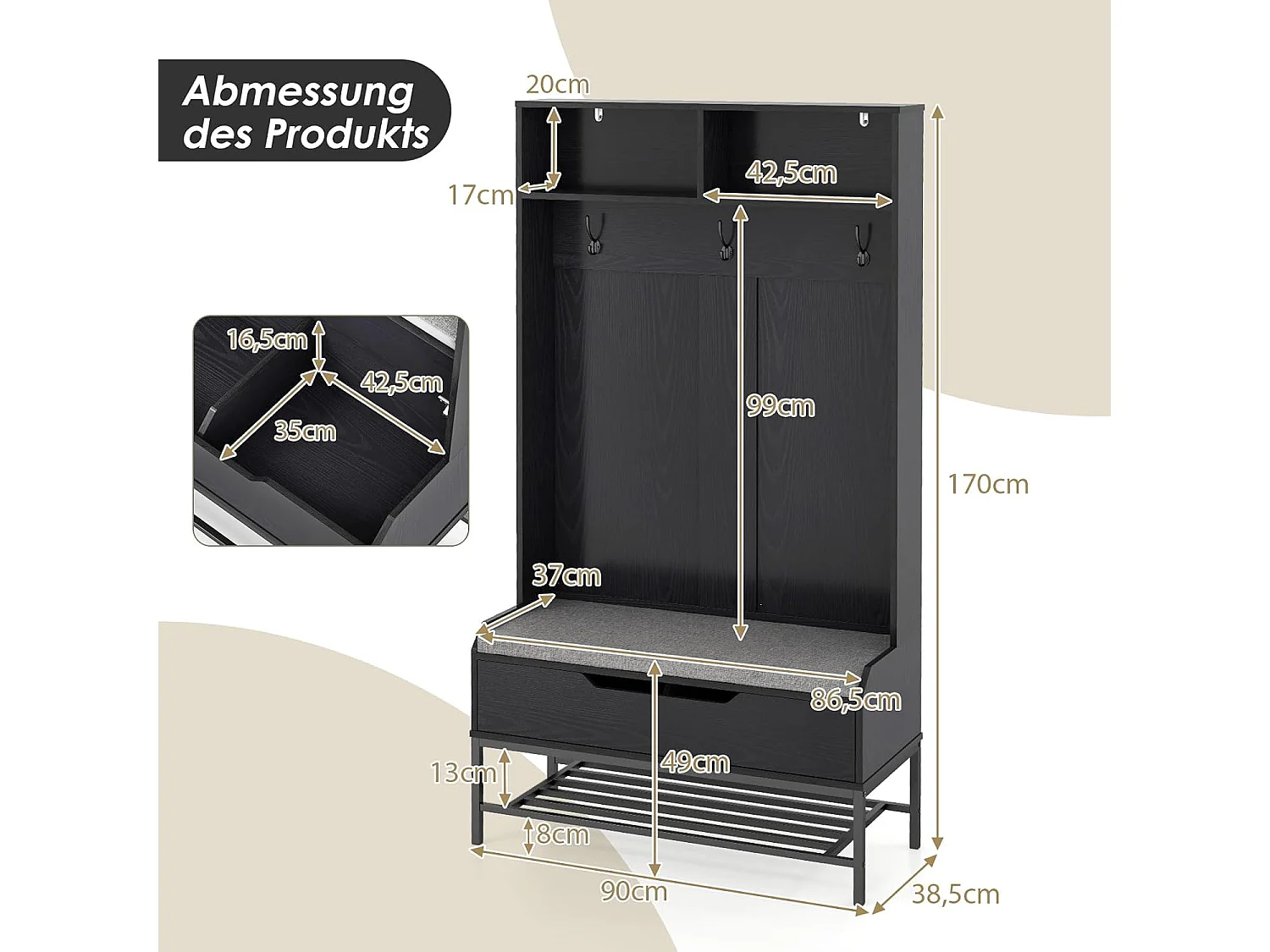 Kapstok met zitbank, 4-in-1 garderobe met open vakken, schoenenkast en 3 haken, kledingstandaard met zitkussen, halgarderobe voor ingang90 x 38,5 x 170 cmVH33683