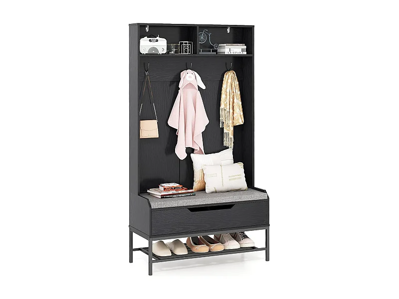Kapstok met zitbank, 4-in-1 garderobe met open vakken, schoenenkast en 3 haken, kledingstandaard met zitkussen, halgarderobe voor ingang90 x 38,5 x 170 cmVH33683