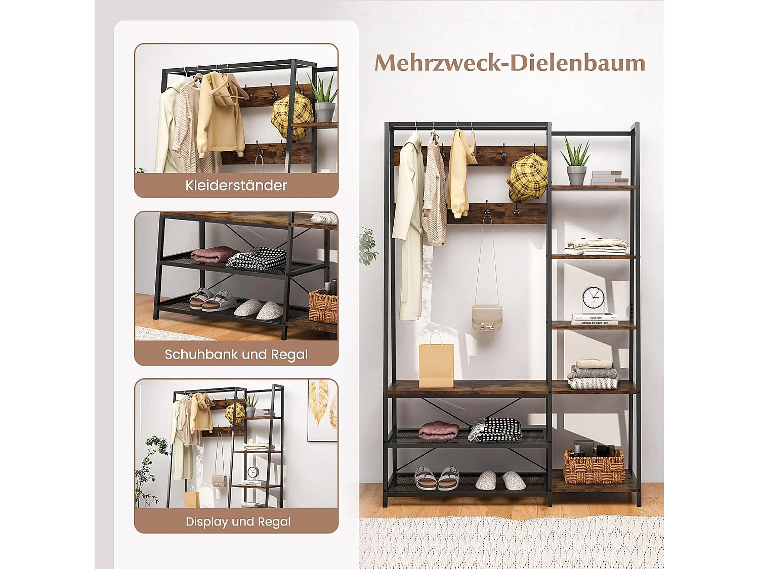 Kapstok, zitbank, 2 schoenenrekken, 9 haken, 5 zijplanken en kledingstang, kledingrek met schoenenbank, van metaal, vintageVH32184