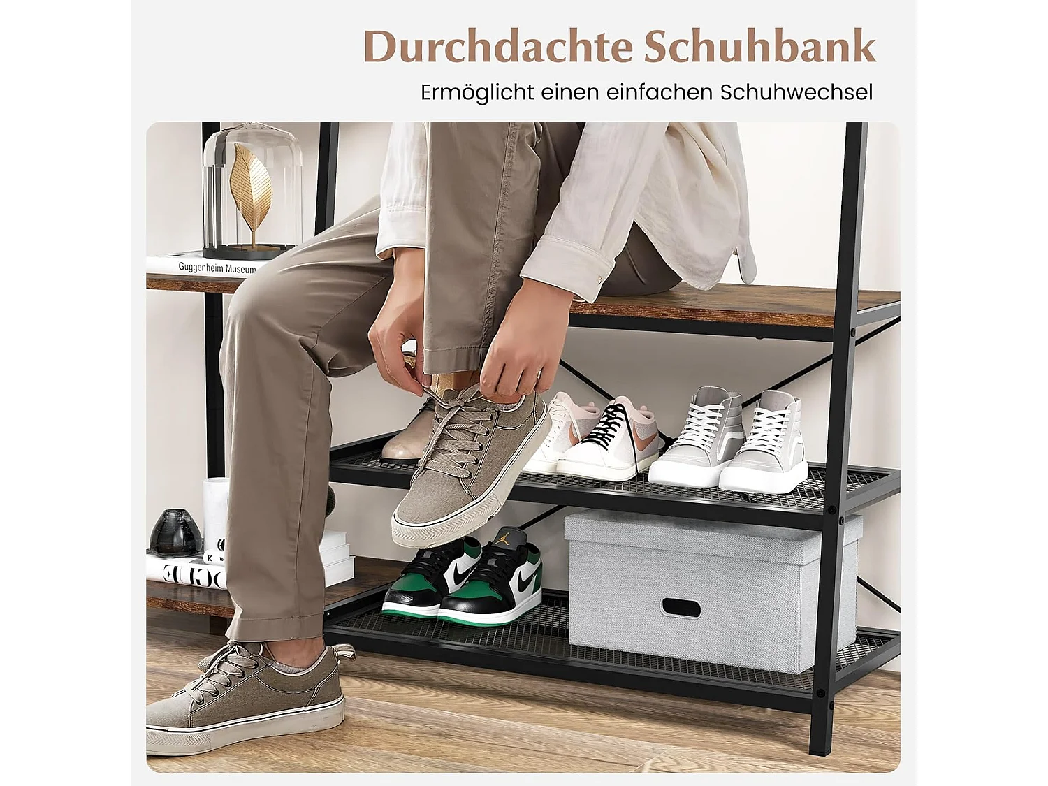 Kapstok, zitbank, 2 schoenenrekken, 9 haken, 5 zijplanken en kledingstang, kledingrek met schoenenbank, van metaal, vintageVH32184