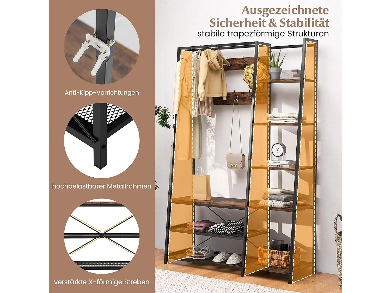 Kapstok, zitbank, 2 schoenenrekken, 9 haken, 5 zijplanken en kledingstang, kledingrek met schoenenbank, van metaal, vintageVH32184