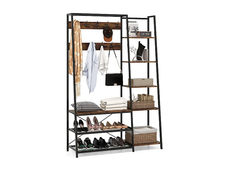 Kapstok, zitbank, 2 schoenenrekken, 9 haken, 5 zijplanken en kledingstang, kledingrek met schoenenbank, van metaal, vintageVH32184