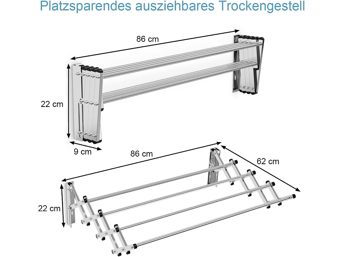 Droogrek voor wandmontage, wanddroger, uittrekbaar van roestvrij staal met 8 stangen, ruimtebesparende wandwasdroger, draagkracht 25 kg, voor bijkeuken, badkamer