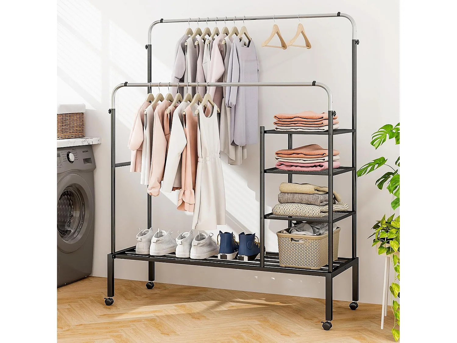 Kledingrek met 2 kledingstangen, wasrek op wieltjes, kapstok in hoogte verstelbaar met 3 lagen zijplanken, mantelstandaard van metaal, 135 x 54 x 170 cmVL32466