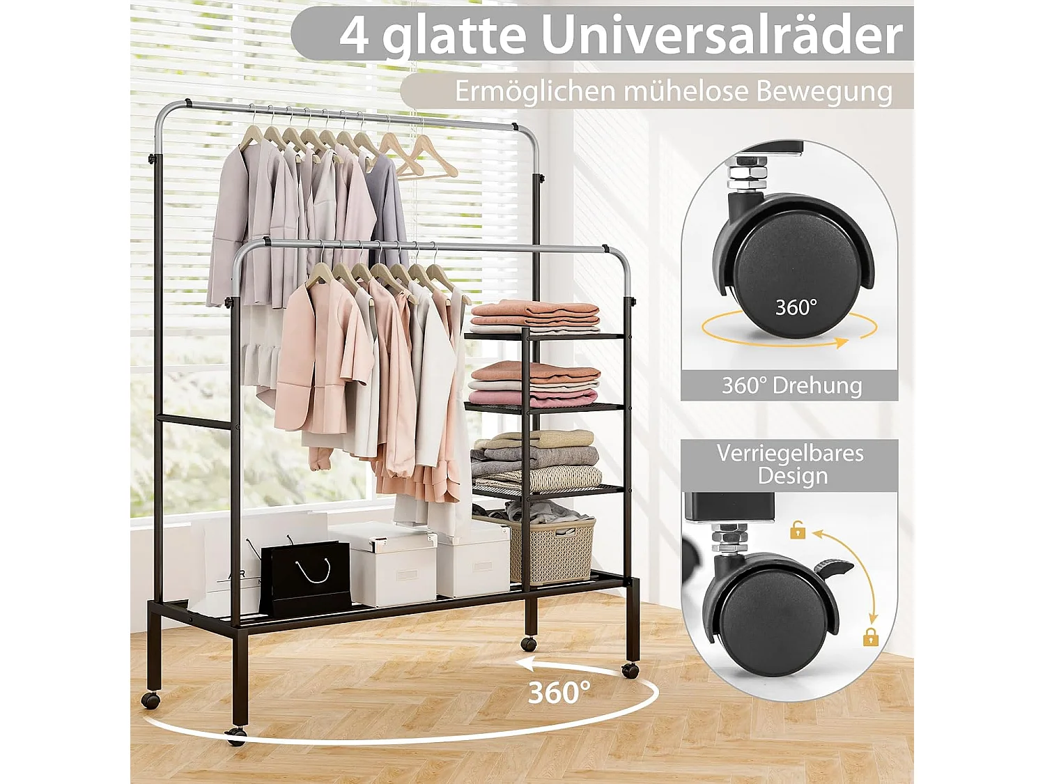 Kledingrek met 2 kledingstangen, wasrek op wieltjes, kapstok in hoogte verstelbaar met 3 lagen zijplanken, mantelstandaard van metaal, 135 x 54 x 170 cmVL32466