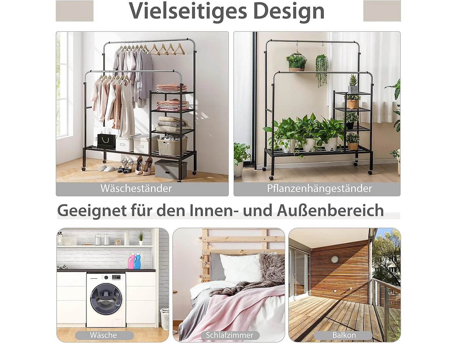 Kledingrek met 2 kledingstangen, wasrek op wieltjes, kapstok in hoogte verstelbaar met 3 lagen zijplanken, mantelstandaard van metaal, 135 x 54 x 170 cmVL32466