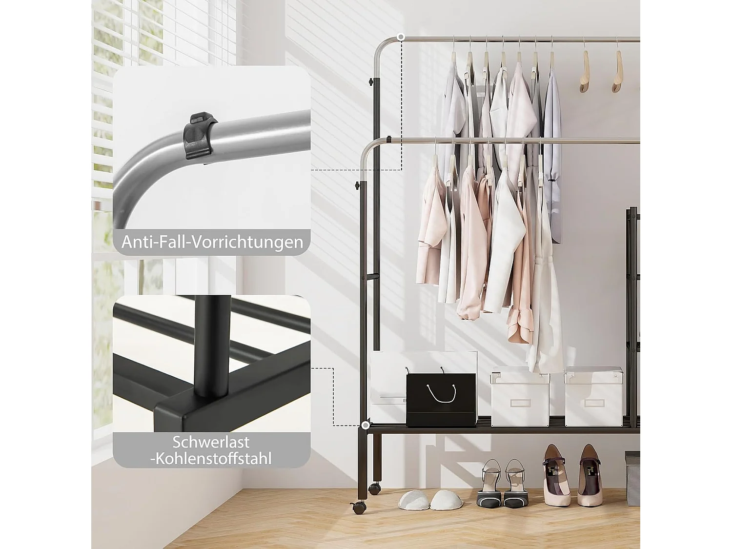 Kledingrek met 2 kledingstangen, wasrek op wieltjes, kapstok in hoogte verstelbaar met 3 lagen zijplanken, mantelstandaard van metaal, 135 x 54 x 170 cmVL32466