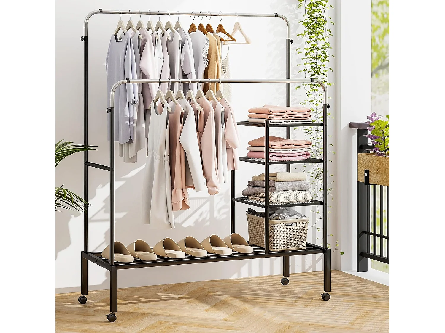 Kledingrek met 2 kledingstangen, wasrek op wieltjes, kapstok in hoogte verstelbaar met 3 lagen zijplanken, mantelstandaard van metaal, 135 x 54 x 170 cmVL32466
