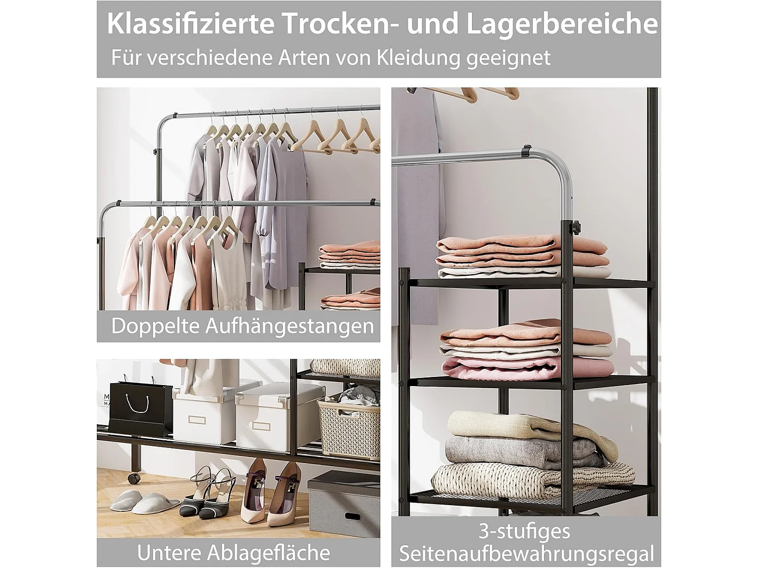 Kledingrek met 2 kledingstangen, wasrek op wieltjes, kapstok in hoogte verstelbaar met 3 lagen zijplanken, mantelstandaard van metaal, 135 x 54 x 170 cmVL32466