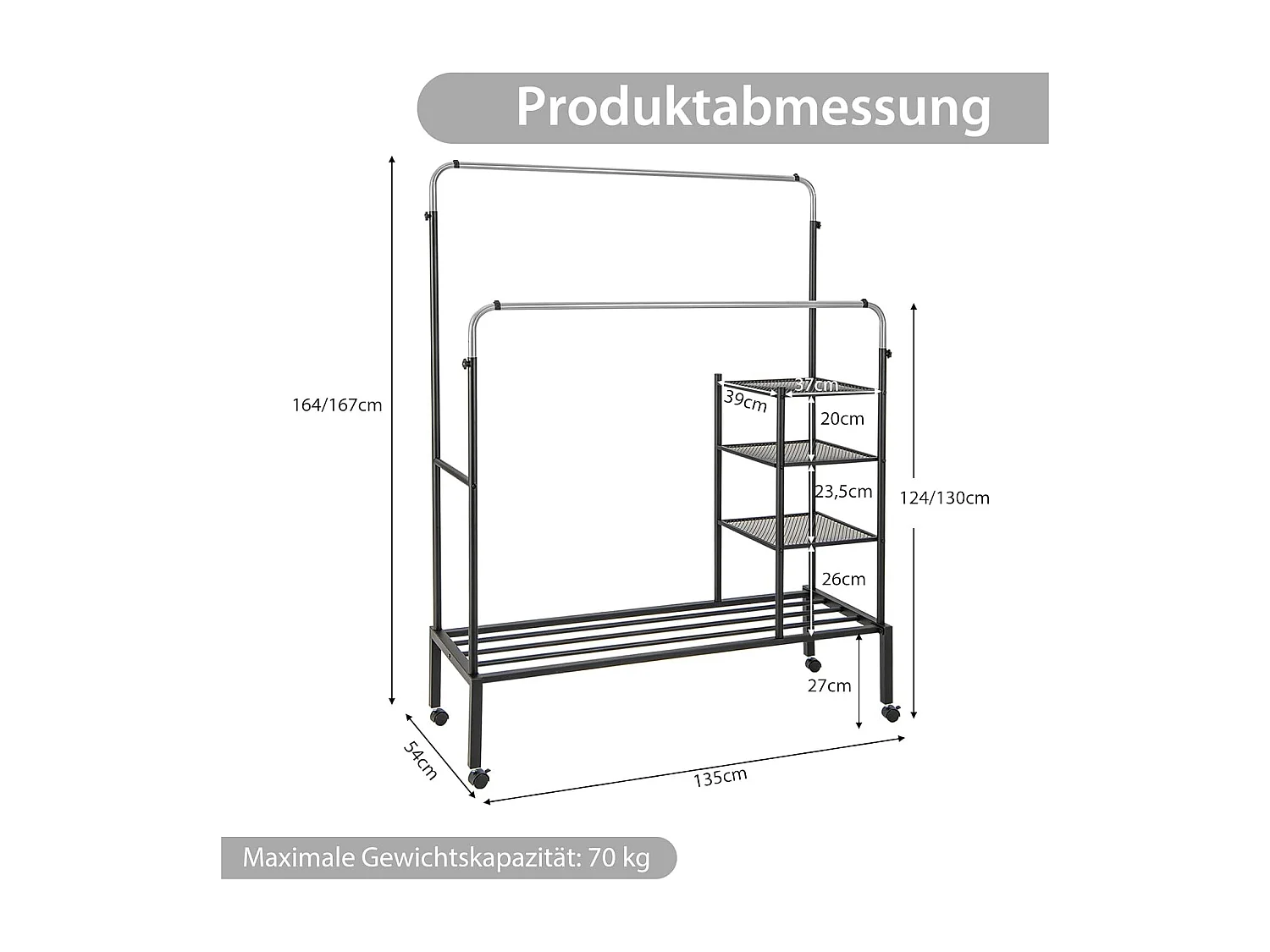 Kledingrek met 2 kledingstangen, wasrek op wieltjes, kapstok in hoogte verstelbaar met 3 lagen zijplanken, mantelstandaard van metaal, 135 x 54 x 170 cmVL32466
