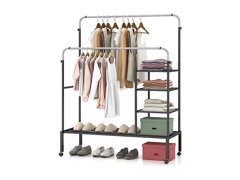 Kledingrek met 2 kledingstangen, wasrek op wieltjes, kapstok in hoogte verstelbaar met 3 lagen zijplanken, mantelstandaard van metaal, 135 x 54 x 170 cmVL32466