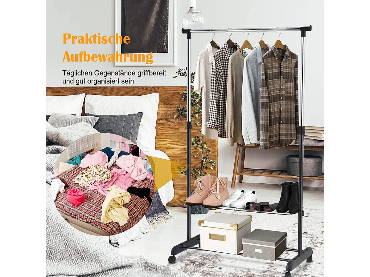 Kledingrek, in hoogte verstelbaar, kapstok op wieltjes, kledingstang met 2 planken, rolgarderobe, stabiel, kledingwagen, garderobe, 84 x 42 x 92-168 cm, zwart