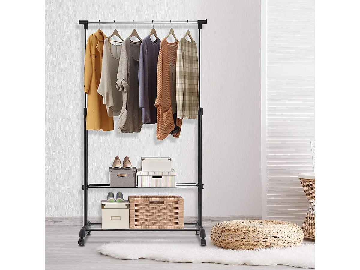 Kledingrek, in hoogte verstelbaar, kapstok op wieltjes, kledingstang met 2 planken, rolgarderobe, stabiel, kledingwagen, garderobe, 84 x 42 x 92-168 cm, zwart