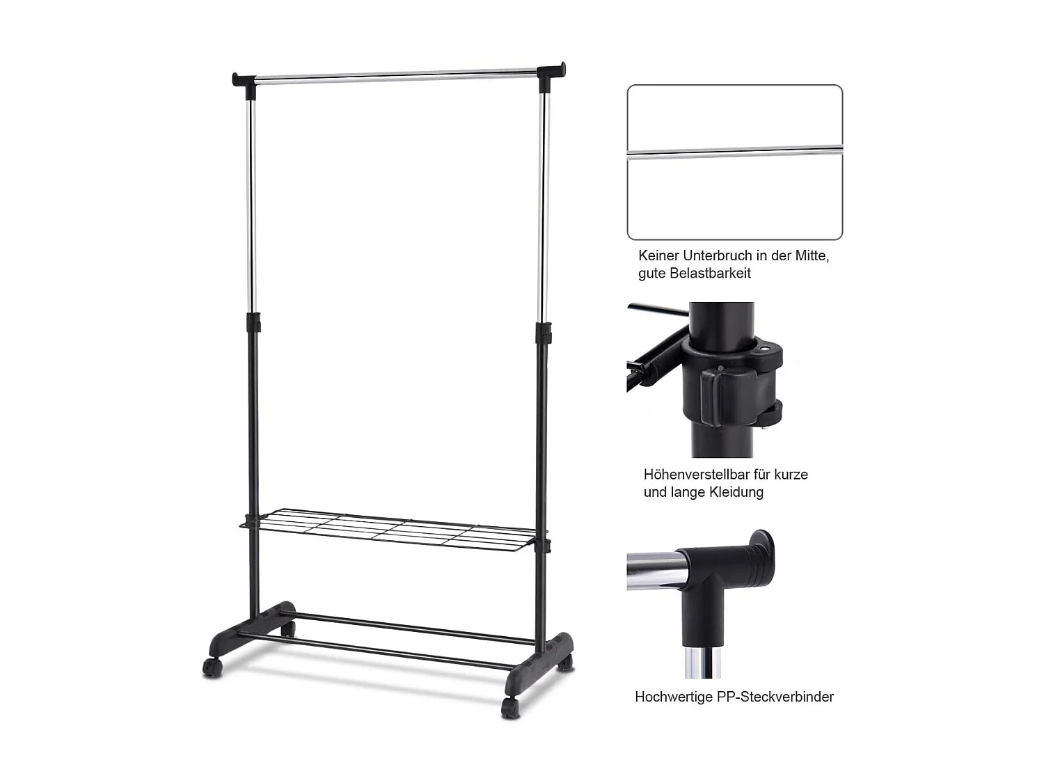 Kledingrek, in hoogte verstelbaar, kapstok op wieltjes, kledingstang met 2 planken, rolgarderobe, stabiel, kledingwagen, garderobe, 84 x 42 x 92-168 cm, zwart