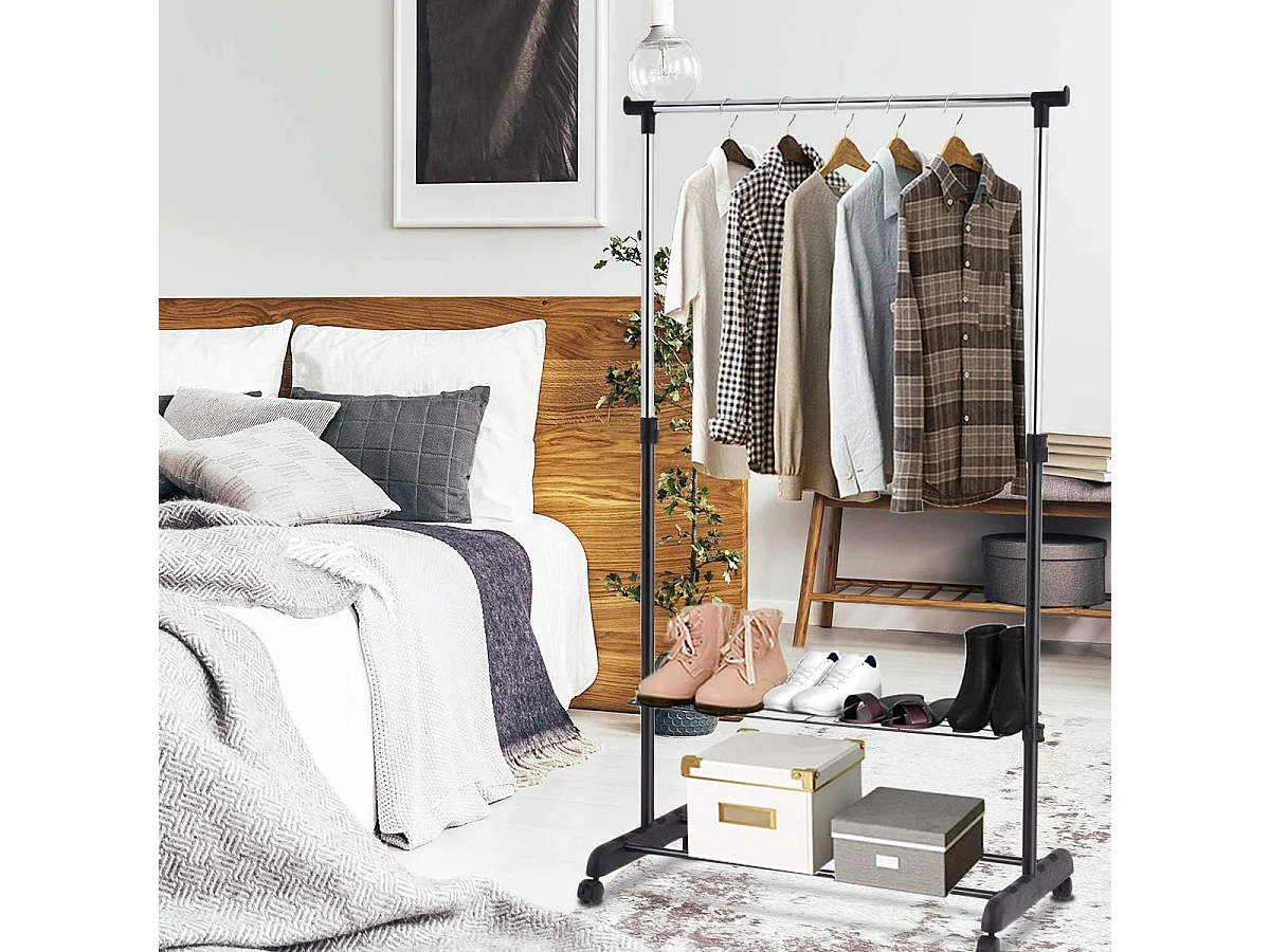 Kledingrek, in hoogte verstelbaar, kapstok op wieltjes, kledingstang met 2 planken, rolgarderobe, stabiel, kledingwagen, garderobe, 84 x 42 x 92-168 cm, zwart
