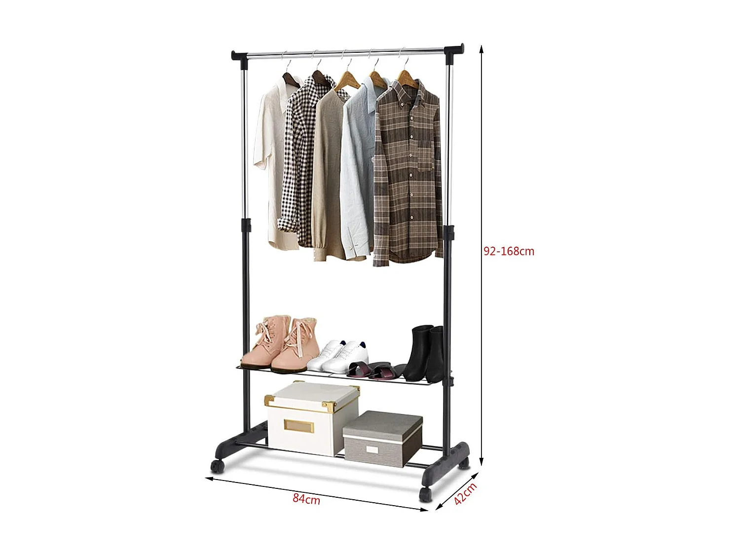 Kledingrek, in hoogte verstelbaar, kapstok op wieltjes, kledingstang met 2 planken, rolgarderobe, stabiel, kledingwagen, garderobe, 84 x 42 x 92-168 cm, zwart