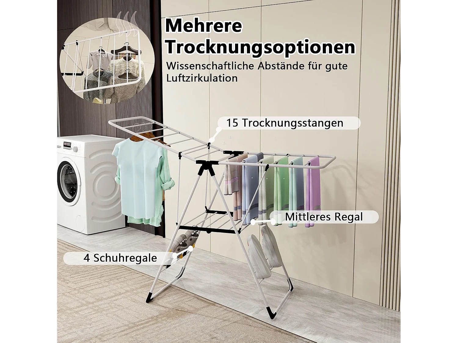 Droogrek inklapbaar staand droogrek uittrekbaar wasdroger met vleugels voor lange wasbeurten vleugelwasrek voor binnen en buiten (130-137) x 56 x (98-124) cm