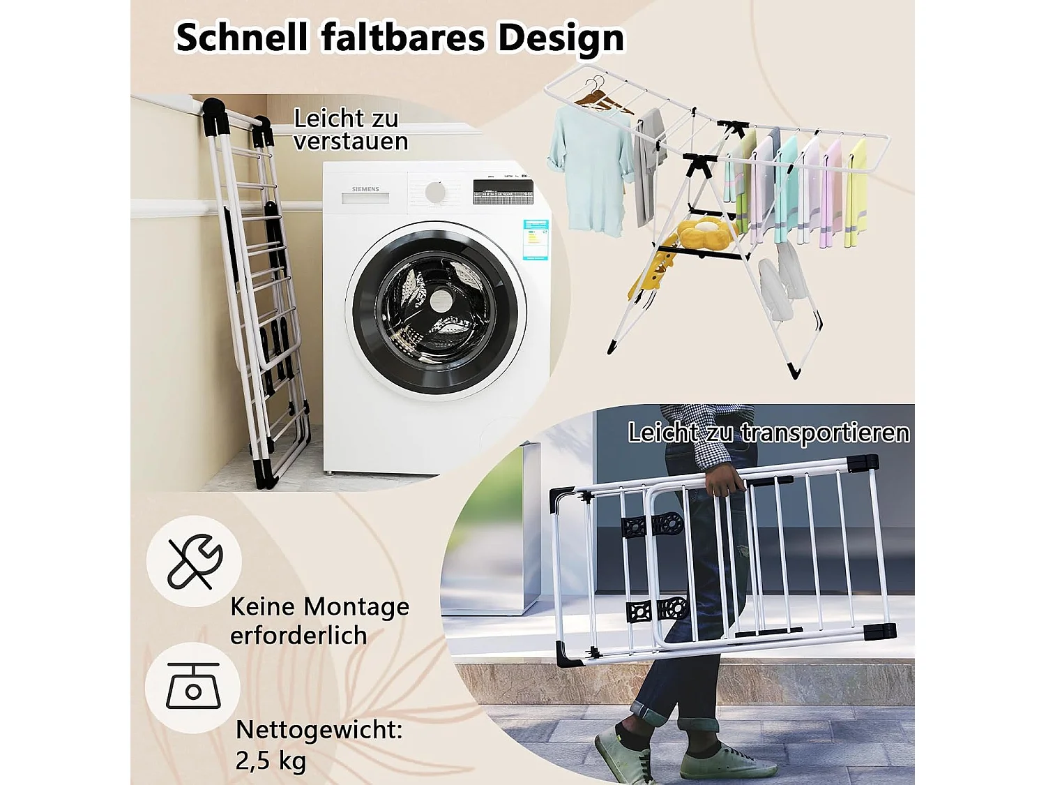 Droogrek inklapbaar staand droogrek uittrekbaar wasdroger met vleugels voor lange wasbeurten vleugelwasrek voor binnen en buiten (130-137) x 56 x (98-124) cm