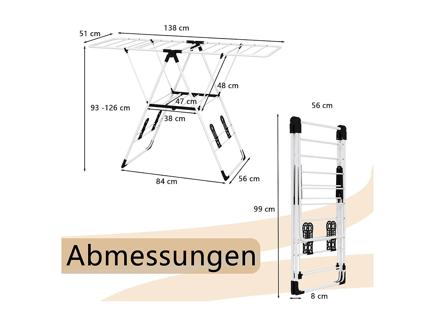 Droogrek inklapbaar staand droogrek uittrekbaar wasdroger met vleugels voor lange wasbeurten vleugelwasrek voor binnen en buiten (130-137) x 56 x (98-124) cm