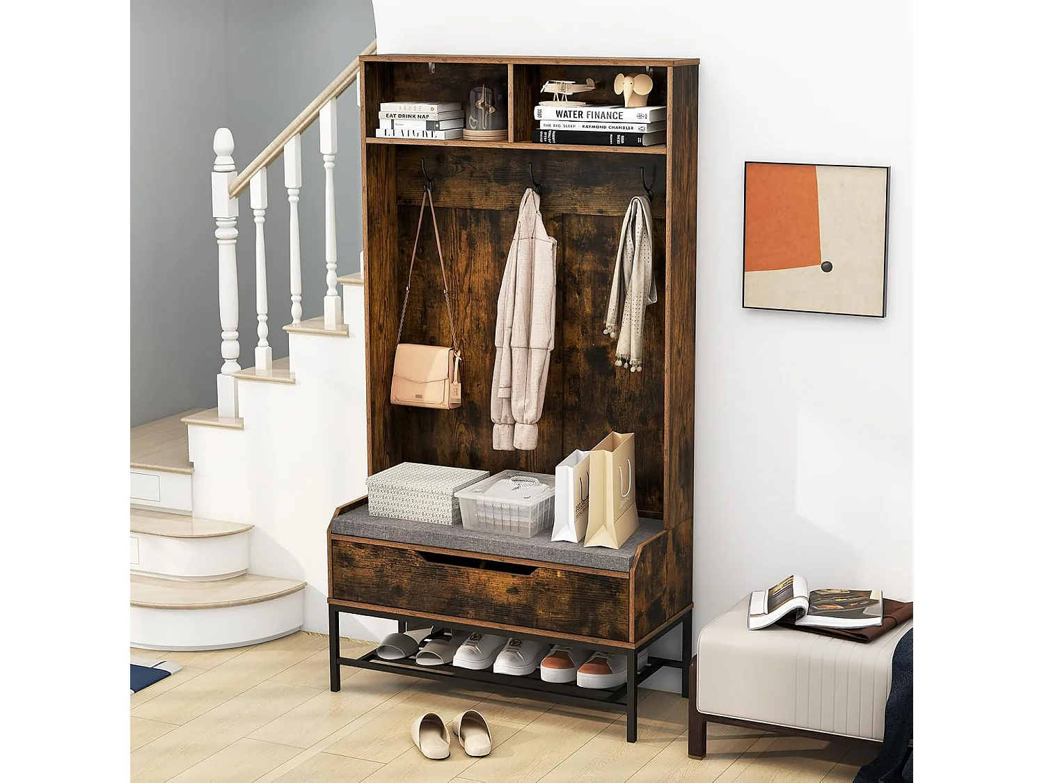 Kapstok met zitbank, 4-in-1 garderobe met open vakken, schoenenkast en 3 haken, kledingstandaard met zitkussen, halgarderobe voor ingang90 x 38,5 x 170 cmVH33683