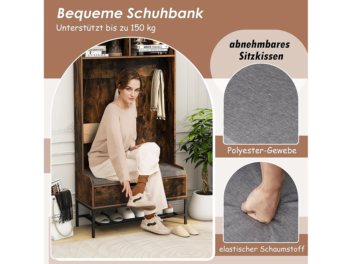 Kapstok met zitbank, 4-in-1 garderobe met open vakken, schoenenkast en 3 haken, kledingstandaard met zitkussen, halgarderobe voor ingang90 x 38,5 x 170 cmVH33683