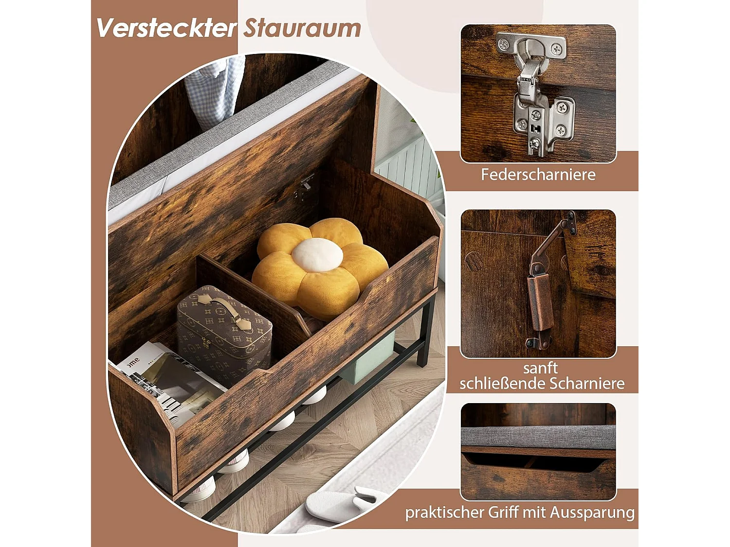 Kapstok met zitbank, 4-in-1 garderobe met open vakken, schoenenkast en 3 haken, kledingstandaard met zitkussen, halgarderobe voor ingang90 x 38,5 x 170 cmVH33683