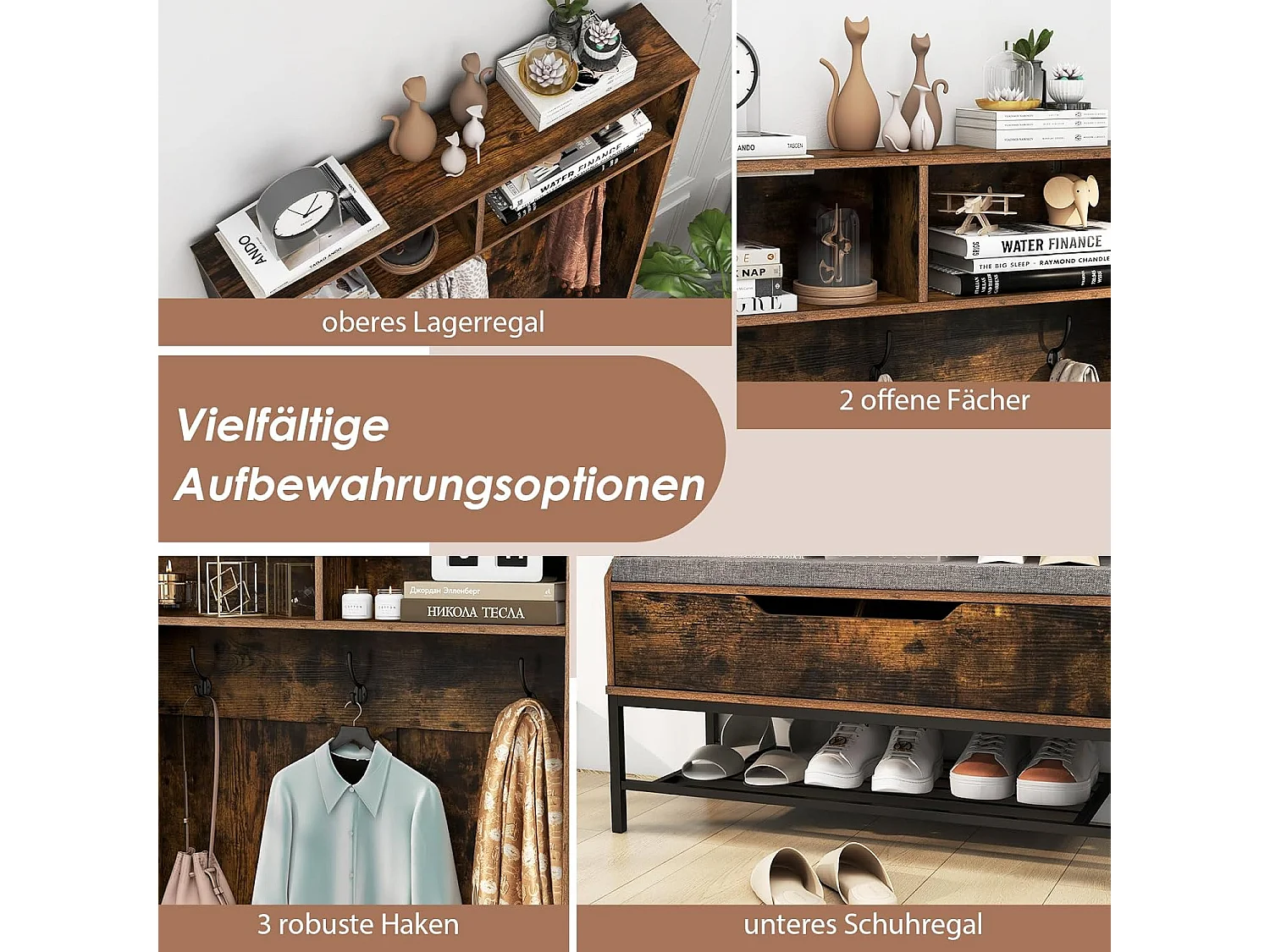 Kapstok met zitbank, 4-in-1 garderobe met open vakken, schoenenkast en 3 haken, kledingstandaard met zitkussen, halgarderobe voor ingang90 x 38,5 x 170 cmVH33683