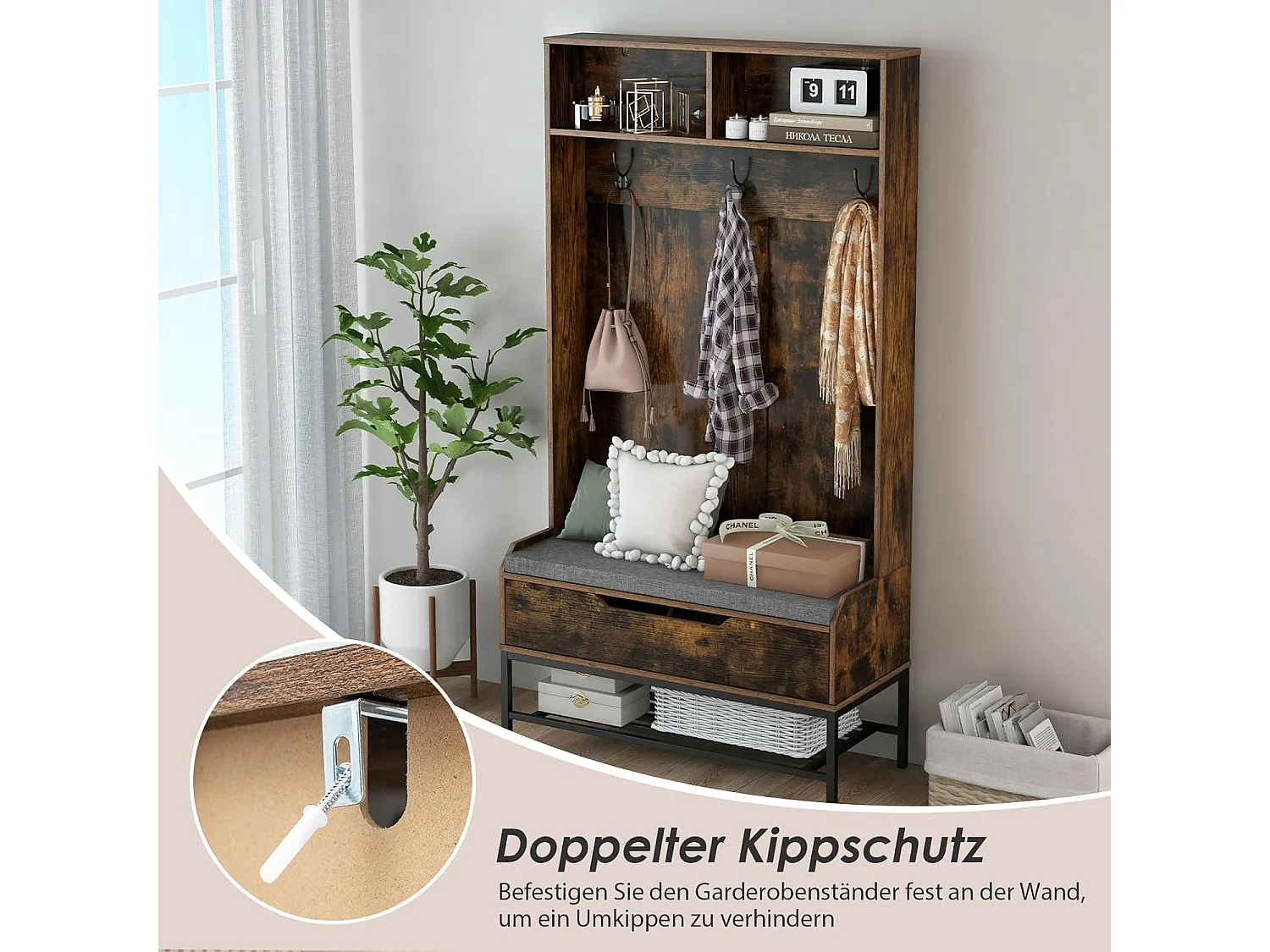 Kapstok met zitbank, 4-in-1 garderobe met open vakken, schoenenkast en 3 haken, kledingstandaard met zitkussen, halgarderobe voor ingang90 x 38,5 x 170 cmVH33683